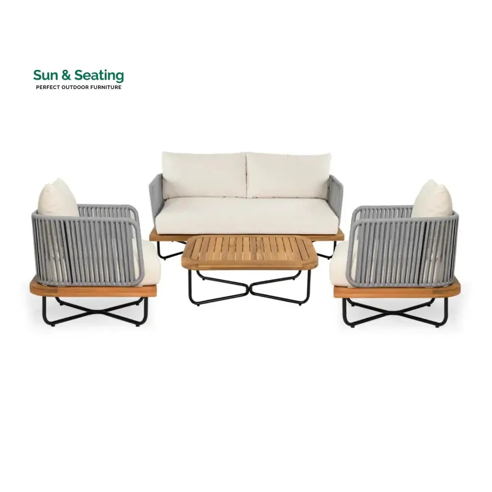 Vibhuti Outdoor 4-Piece Rope Woven Conversation Sofa Set with Wooden Top Table Sofa Set