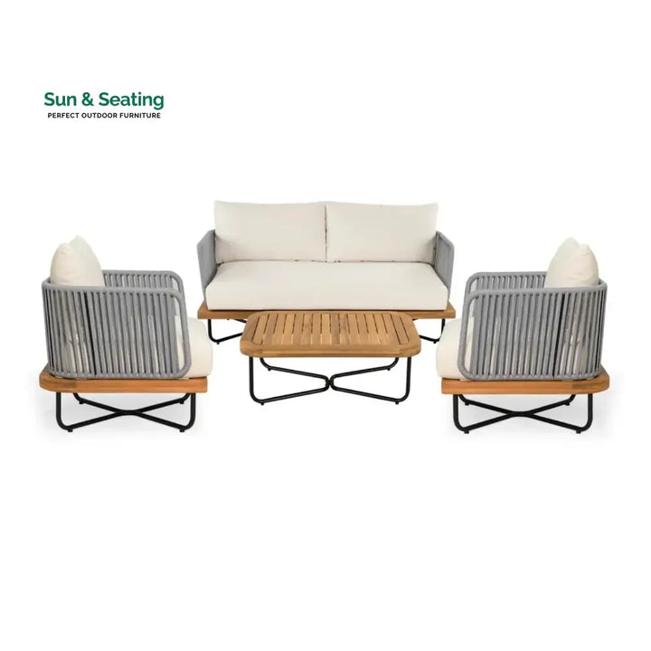 Vibhuti Outdoor 4-Piece Rope Woven Conversation Sofa Set with Wooden Top Table Sofa Set