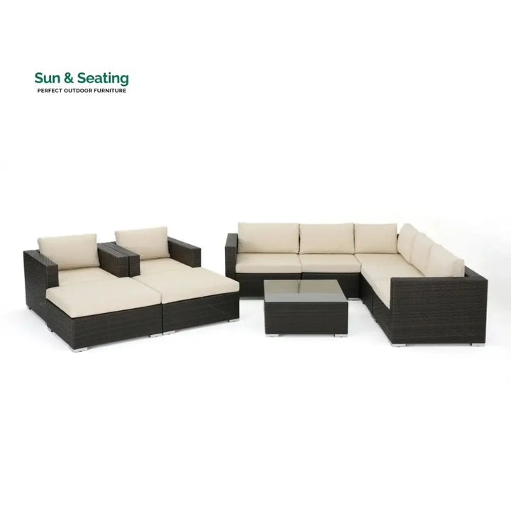 Violeta 7-Piece Rattan Sectional Sofa Set (Dark Brown/Cream) Sofa Set