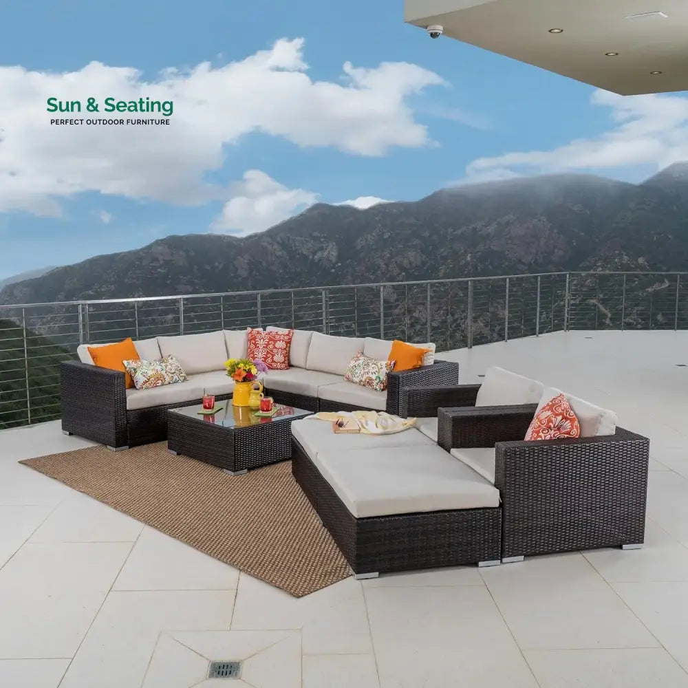Violeta 7-Piece Rattan Sectional Sofa Set (Dark Brown/Cream) Sofa Set