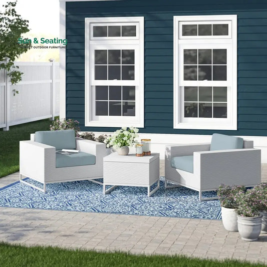 Vitale Outdoor Sofa Set 2 Single seater and 1 Center Table (White + Light Blue) Sofa Sets