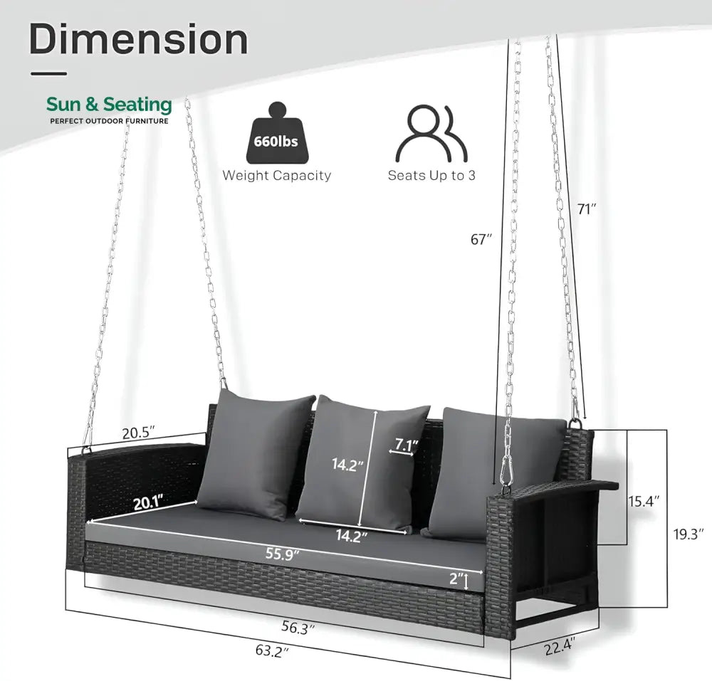 Vito Three Seater Hanging Swing Without Stand For Balcony Garden Swing (Black) Swings