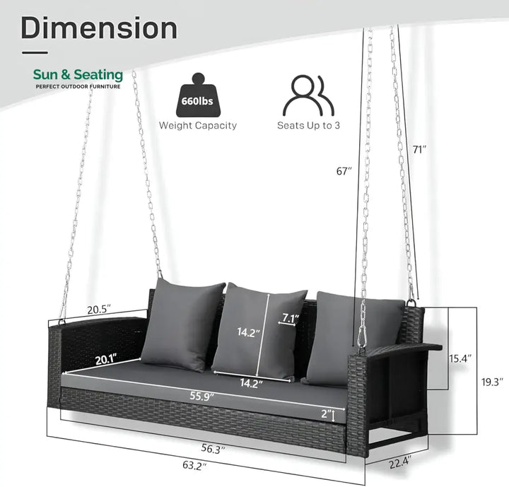 Vito Three Seater Hanging Swing Without Stand For Balcony Garden Swing (Black) Swings