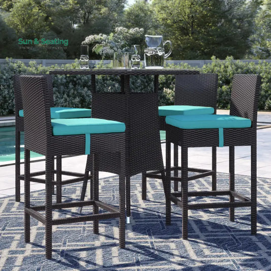 Volta Outdoor Patio Bar Sets 4 Chairs and 1 Table (Dark Brown) Blue Bar Sets