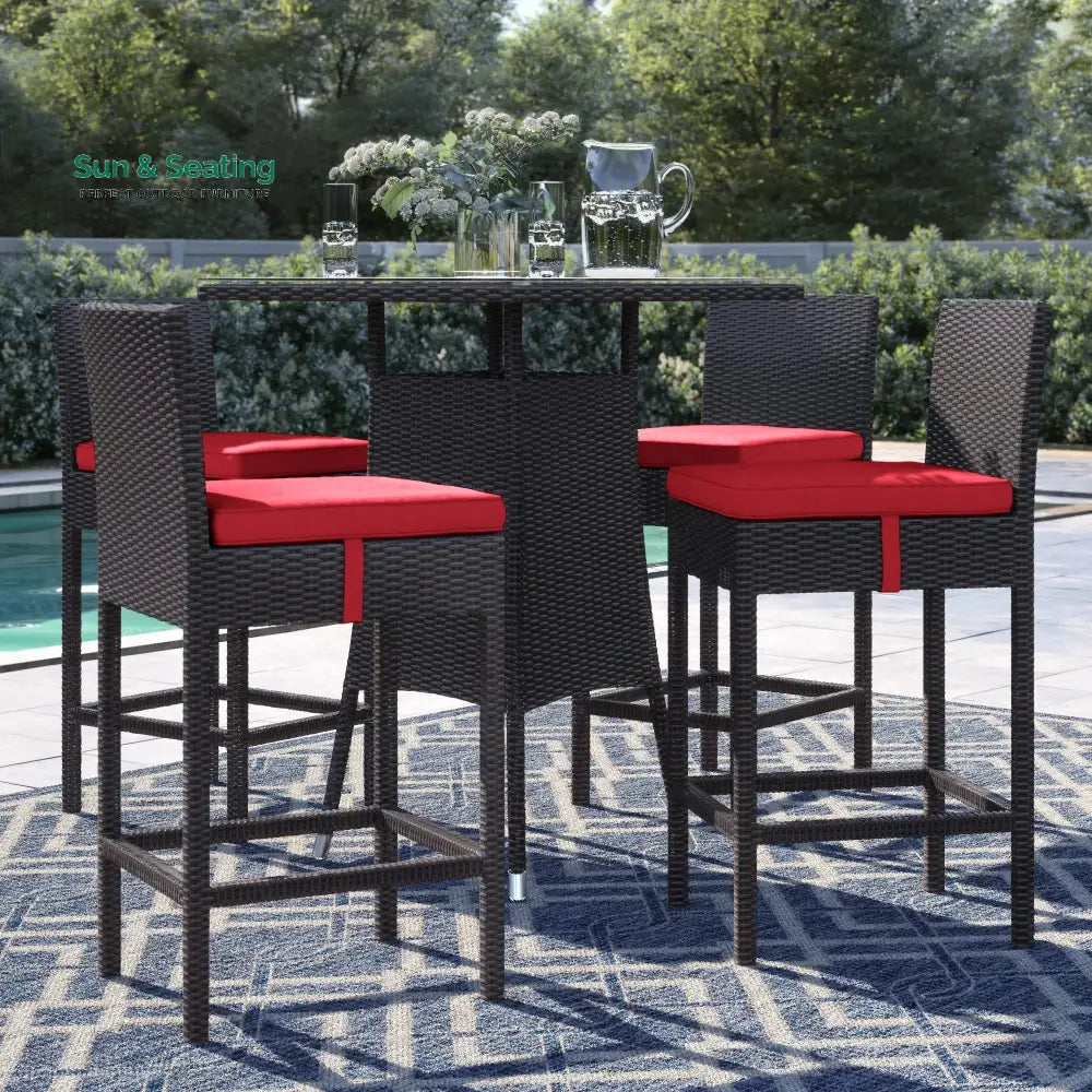 Volta Outdoor Patio Bar Sets 4 Chairs and 1 Table (Dark Brown) Red Bar Sets