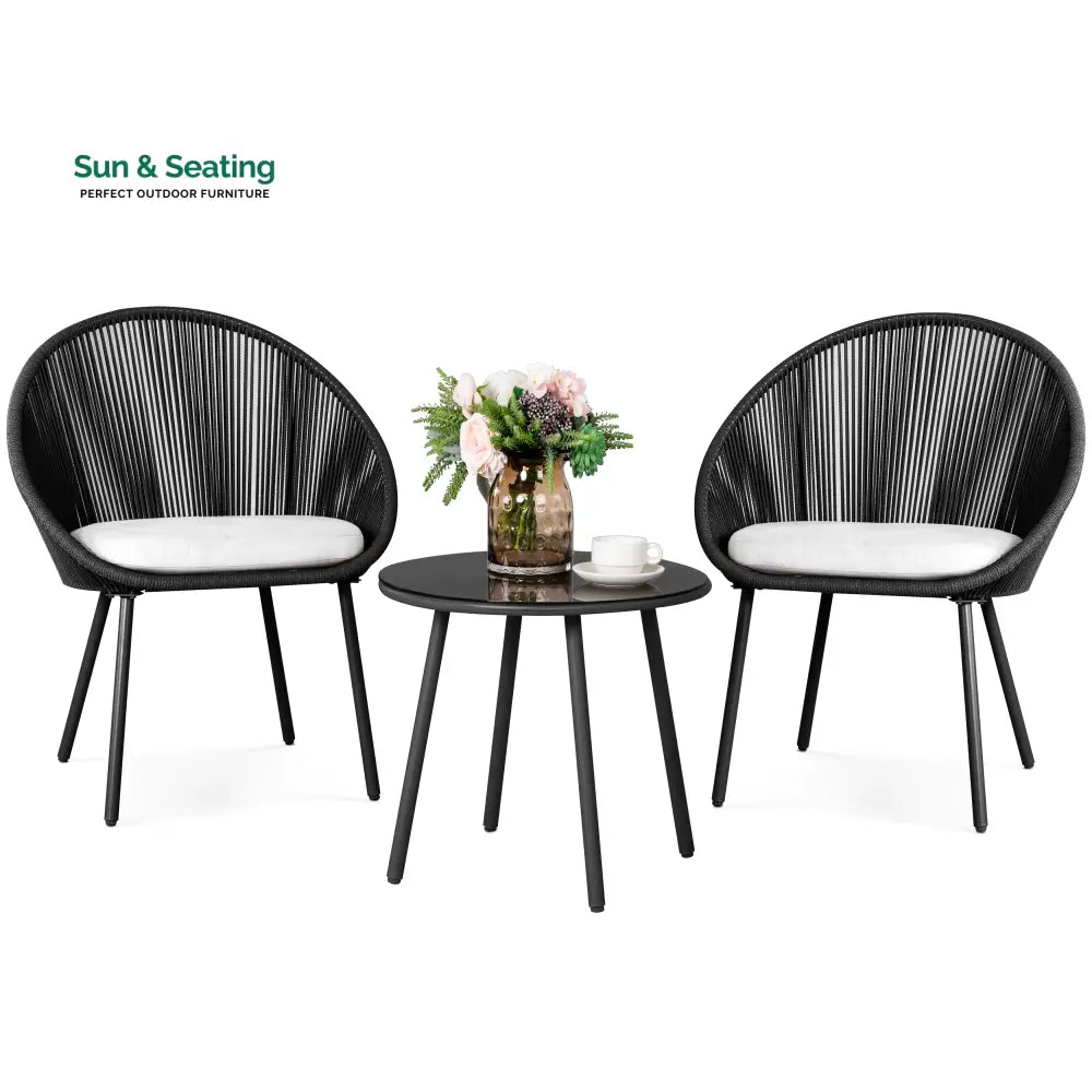 Volta Outdoor Patio Seating Set 2 Chairs and 1 Table Set (Black) Braided &amp; Rope Coffee Table Sets