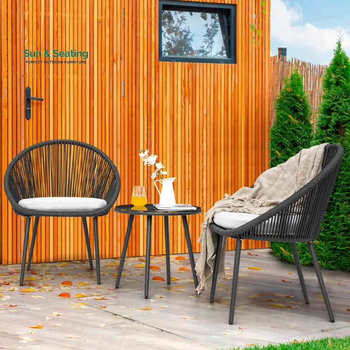 Volta Outdoor Patio Seating Set 2 Chairs and 1 Table Set (Black) Braided &amp; Rope Coffee Table Sets