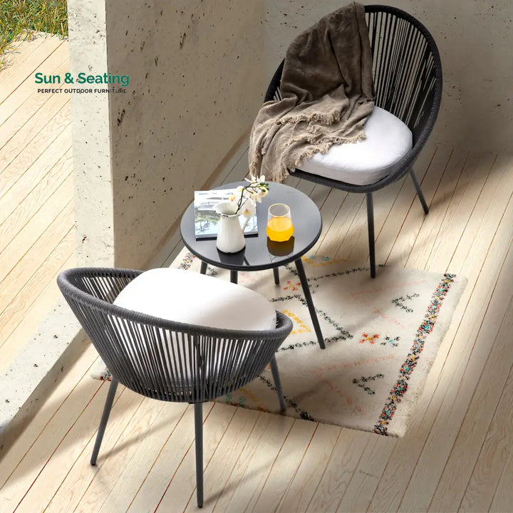 Volta Outdoor Patio Seating Set 2 Chairs and 1 Table Set (Black) Braided &amp; Rope Coffee Table Sets