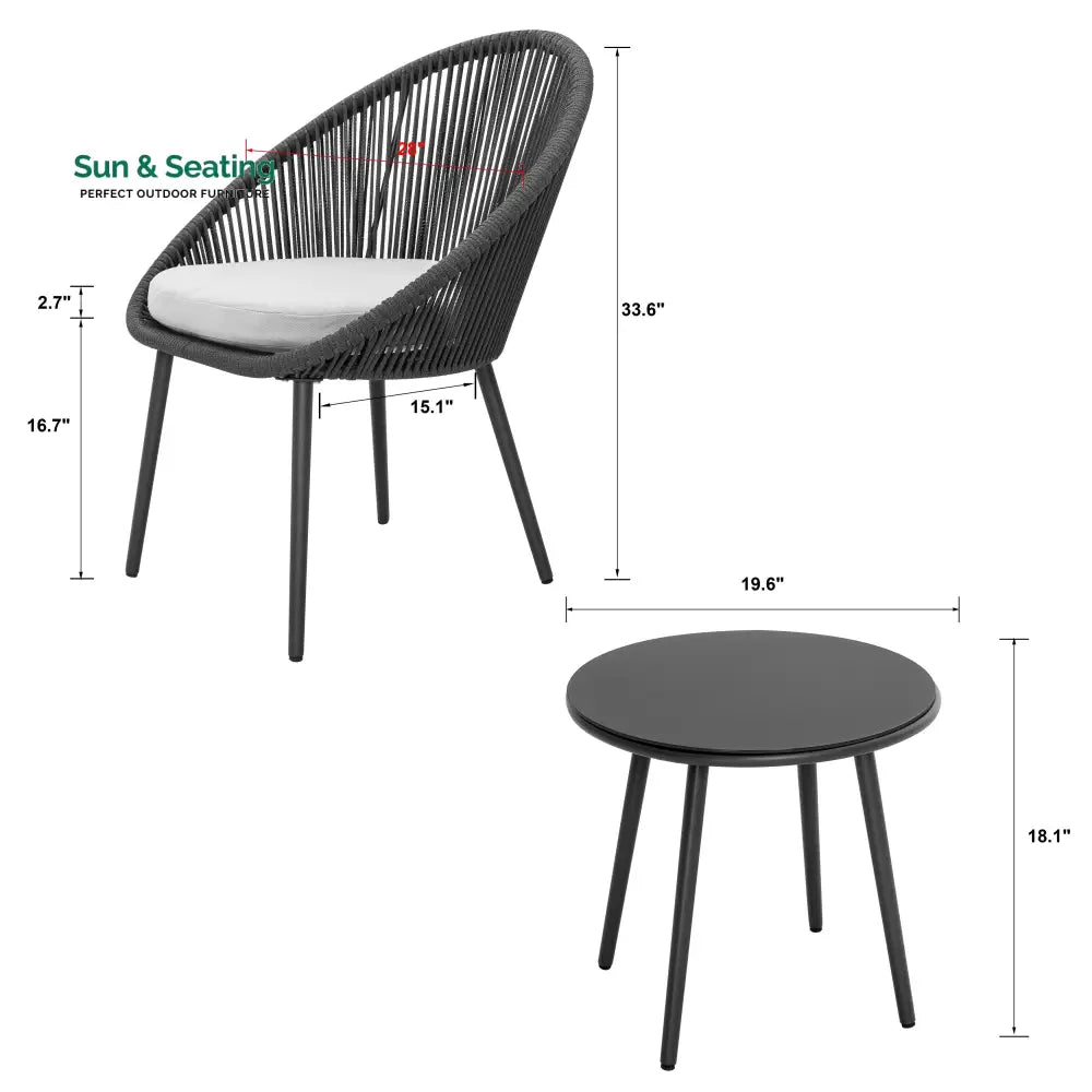 Volta Outdoor Patio Seating Set 2 Chairs and 1 Table Set (Black) Braided &amp; Rope Coffee Table Sets