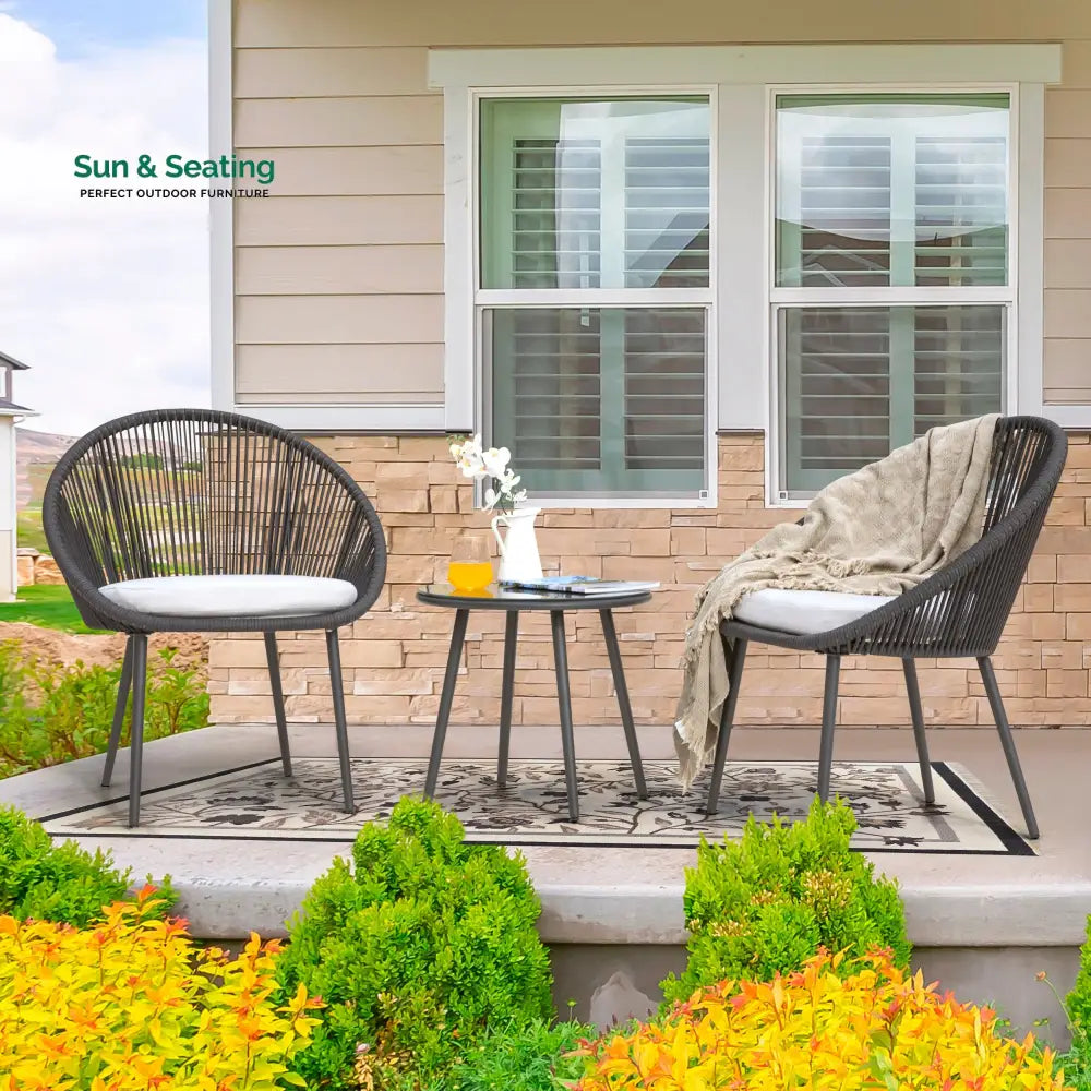 Volta Outdoor Patio Seating Set 2 Chairs and 1 Table Set (Black) Braided &amp; Rope Coffee Table Sets
