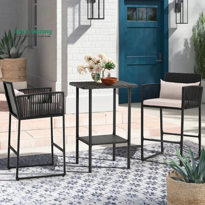 Walburga Outdoor Rattan Wicker Bar Set With 2-Tier Table Bar Set