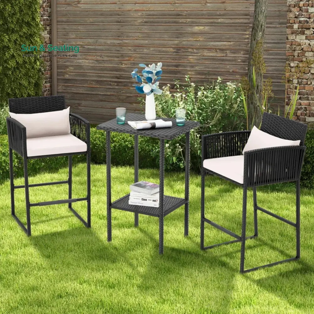 Walburga Outdoor Rattan Wicker Bar Set With 2-Tier Table Bar Set