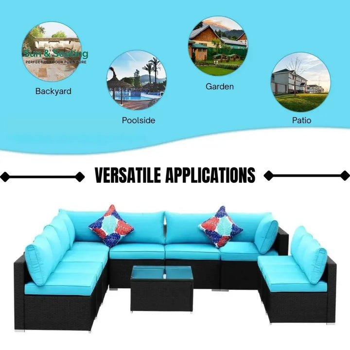 Warda Outdoor Garden Conversation Sofa Set (Black/Sky-Blue) Sofa Set