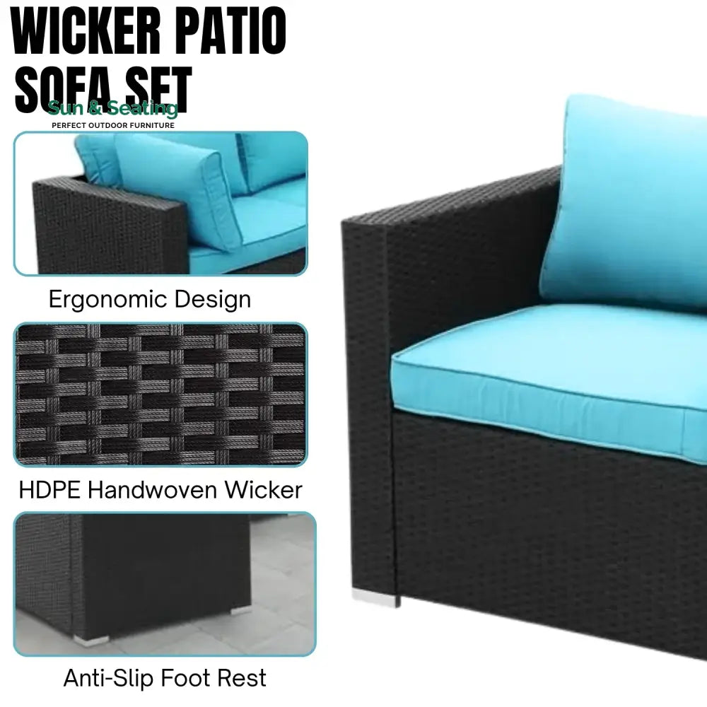 Warda Outdoor Garden Conversation Sofa Set (Black/Sky-Blue) Sofa Set