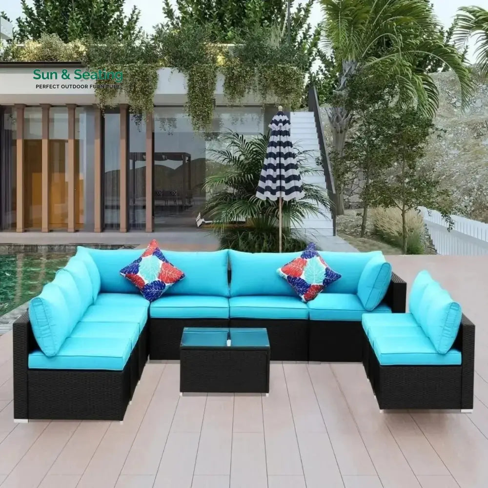 Warda Outdoor Garden Conversation Sofa Set (Black/Sky-Blue) Sofa Set