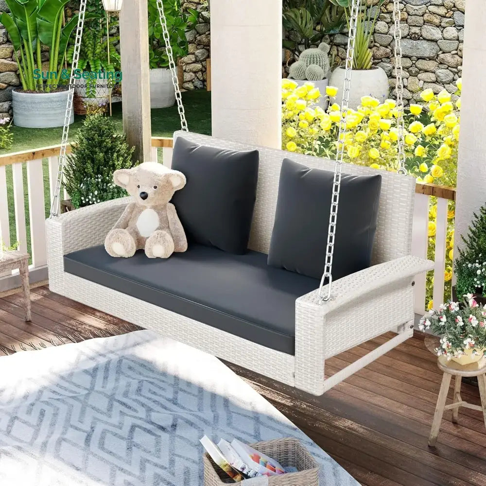 White Rattan Wicker Two Seater Sofa Swing Swing