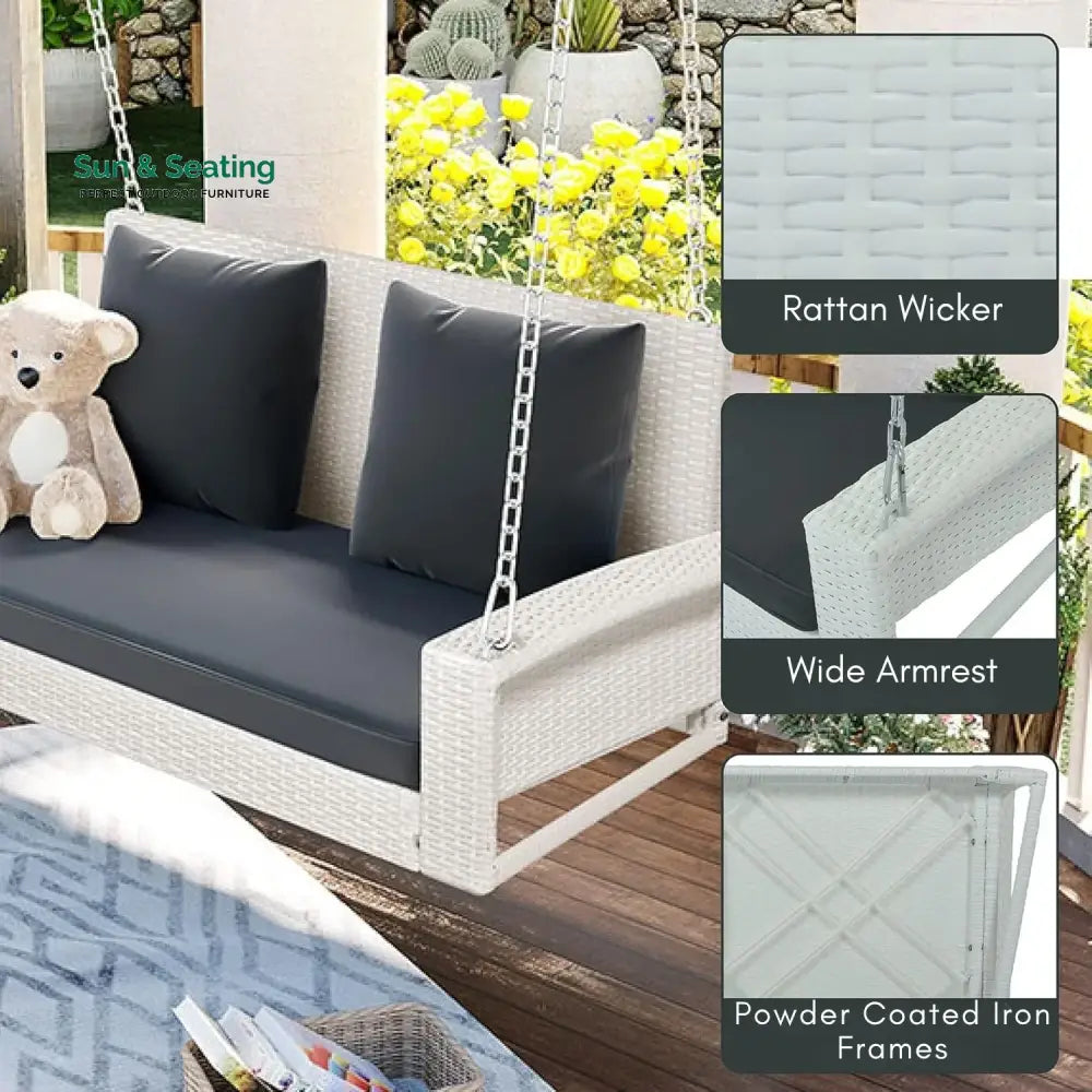 White Rattan Wicker Two Seater Sofa Swing Swing