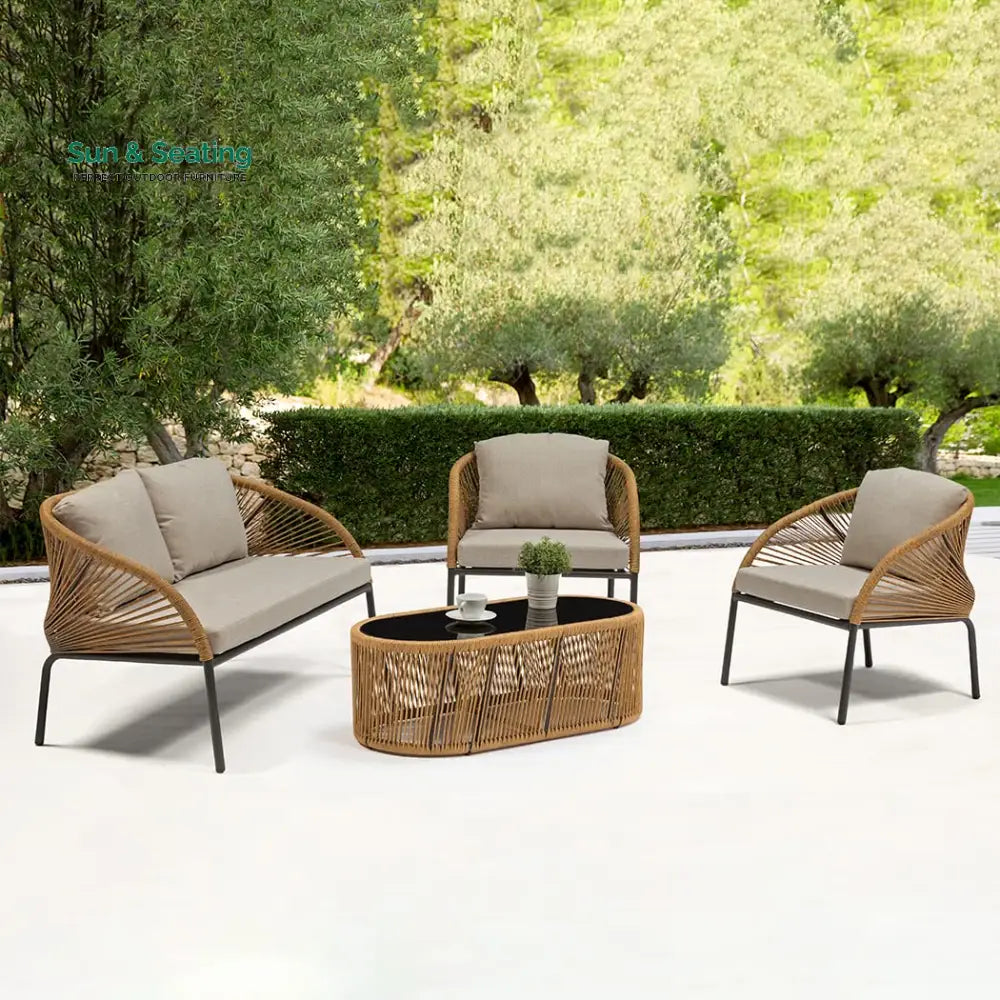 Willa Outdoor Sofa Set 2 Seater 2 Single seater and 1 Center Table Set (Beige) Braided & Rope Sofa Sets