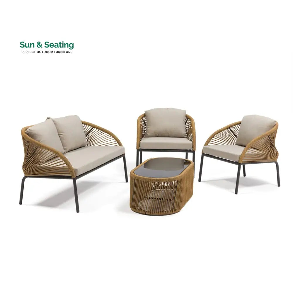 Willa Outdoor Sofa Set 2 Seater 2 Single seater and 1 Center Table Set (Beige) Braided &amp; Rope Sofa Sets