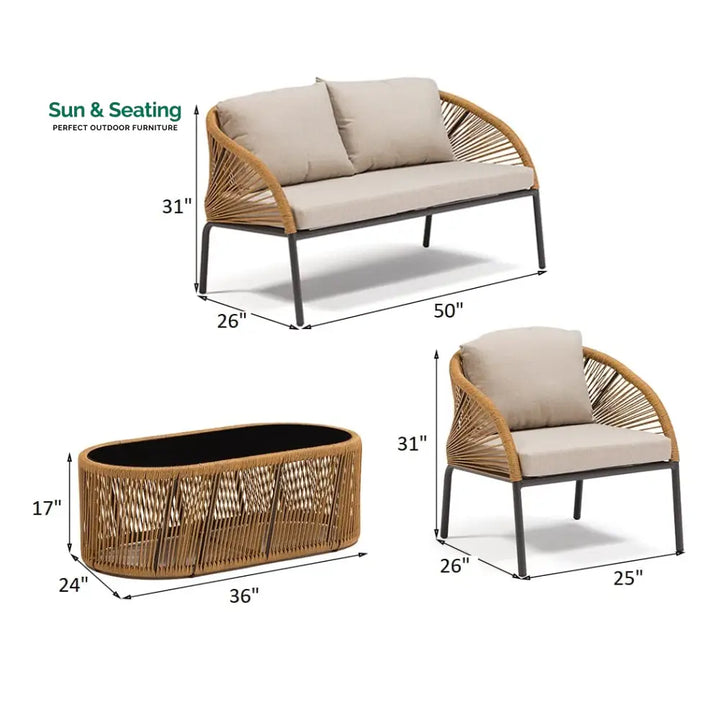 Willa Outdoor Sofa Set 2 Seater 2 Single seater and 1 Center Table Set (Beige) Braided &amp; Rope Sofa Sets
