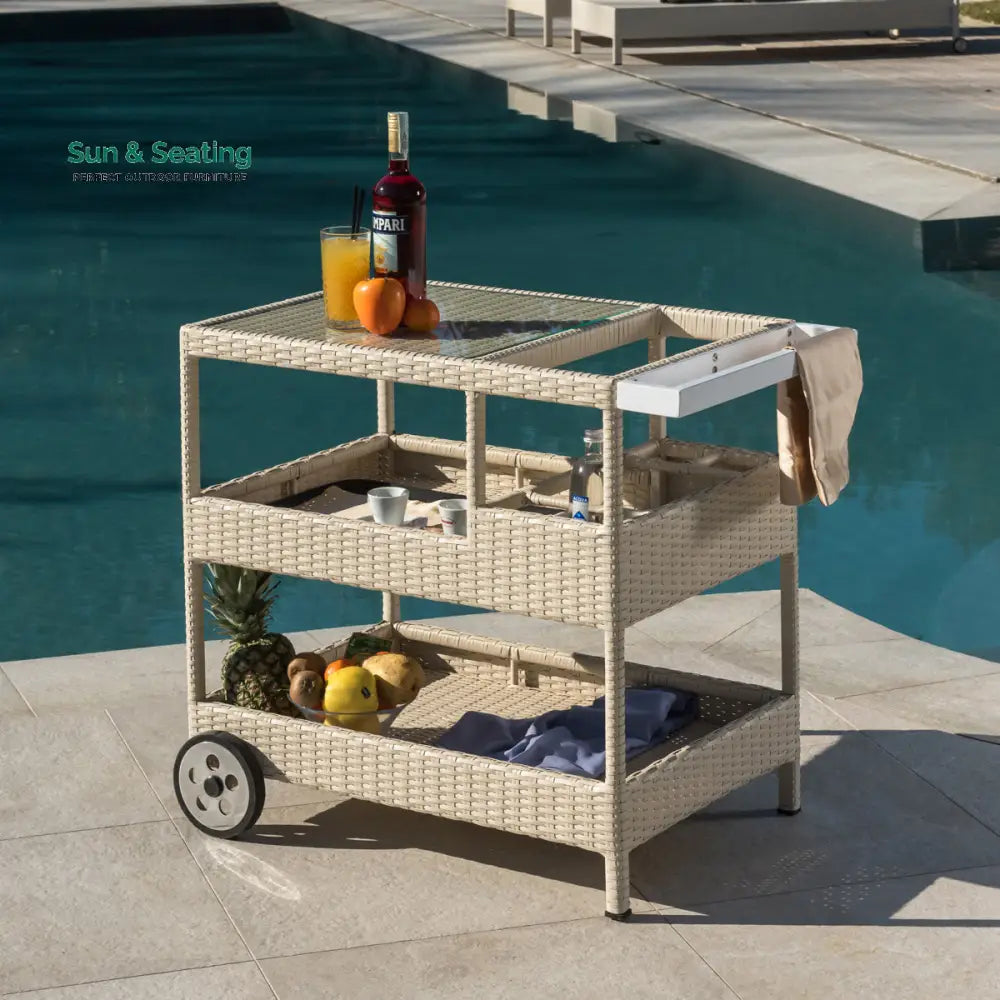 Winf Outdoor Patio Bar Serving Cart (Cream) Wicker