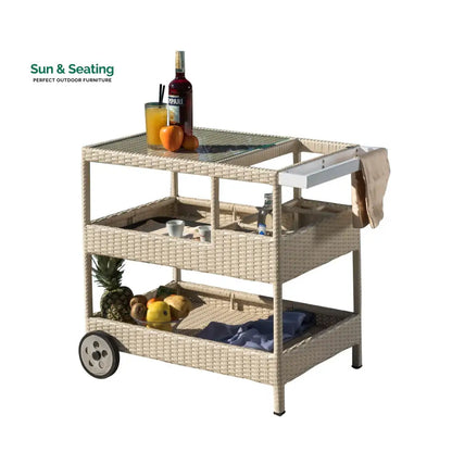 Winf Outdoor Patio Bar Serving Cart (Cream) Wicker