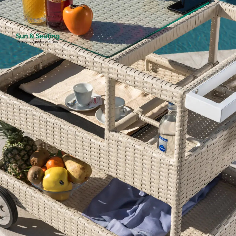 Winf Outdoor Patio Bar Serving Cart (Cream) Wicker