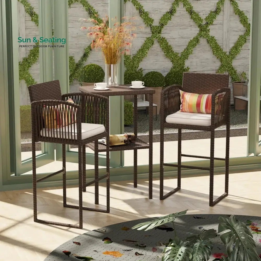Xaveria Outdoor Rattan Wicker Bar Set With 2-Tier Table Bar Set