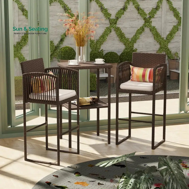 Xaveria Outdoor Rattan Wicker Bar Set With 2-Tier Table Bar Set