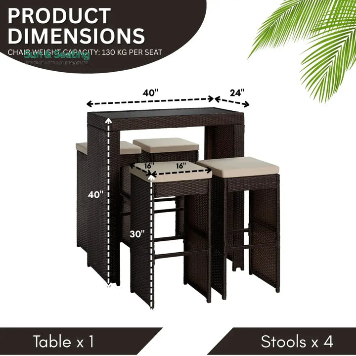 Xia 5-Piece Outdoor Rattan Wicker Bar Set with Glass Top Table Bar Set