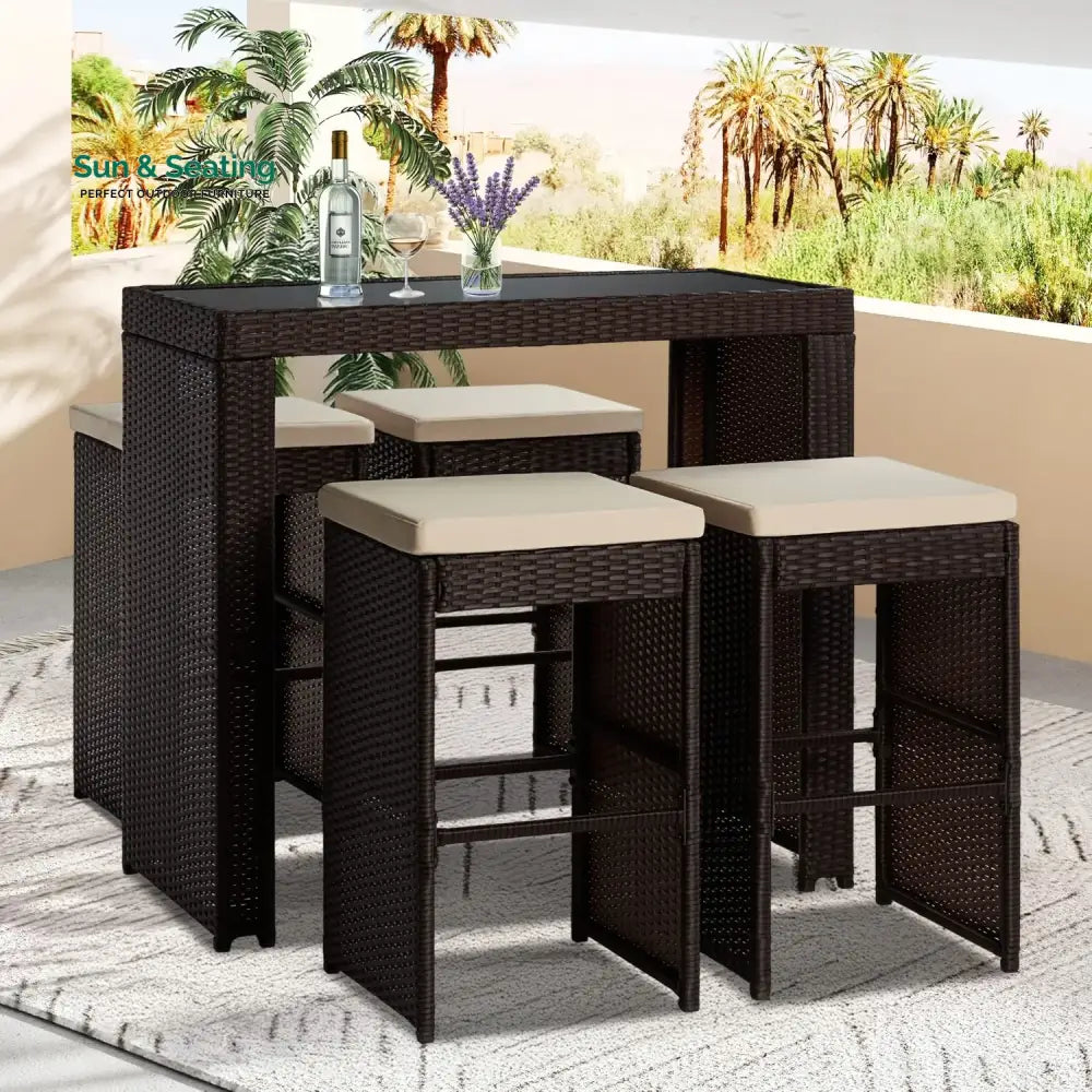 Xia 5-Piece Outdoor Rattan Wicker Bar Set with Glass Top Table Bar Set