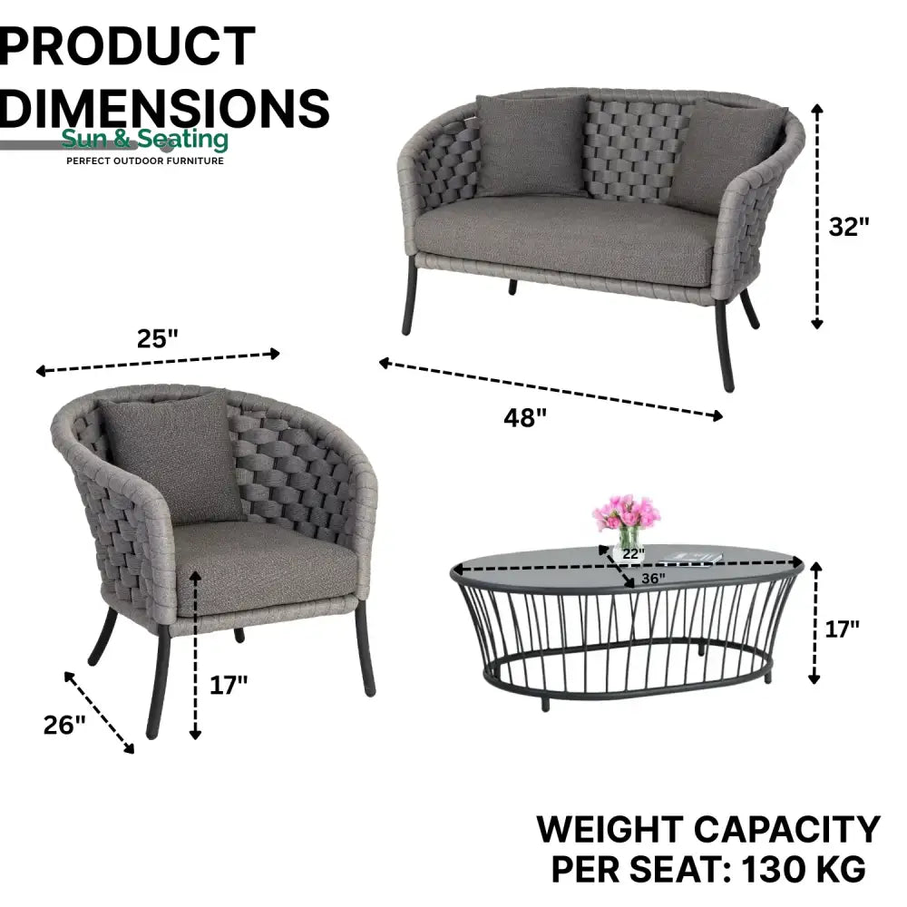 Yasmeen Outdoor Grey Rope 4 Piece Patio Sofa Set with Dark Grey Cushions Sofa Set