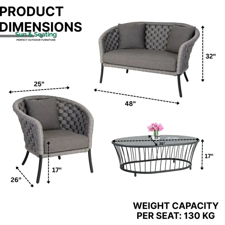 Yasmeen Outdoor Grey Rope 4 Piece Patio Sofa Set with Dark Grey Cushions Sofa Set