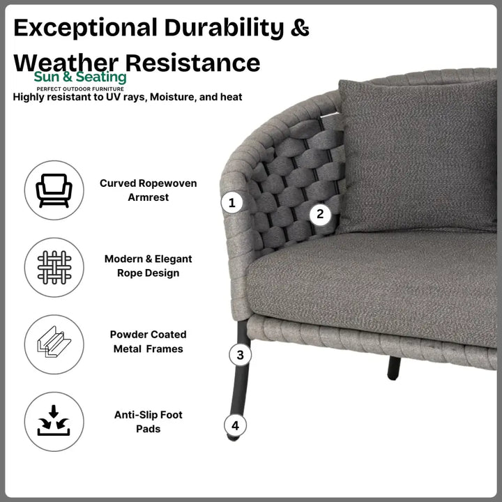 Yasmeen Outdoor Grey Rope 4 Piece Patio Sofa Set with Dark Grey Cushions Sofa Set
