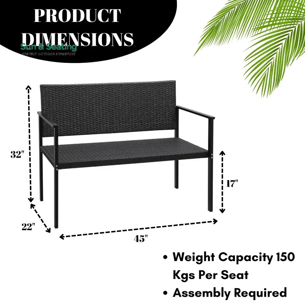 Yasmin 2-Seater Outdoor Garden Rattan Bench With Metal Frames Garden Bench