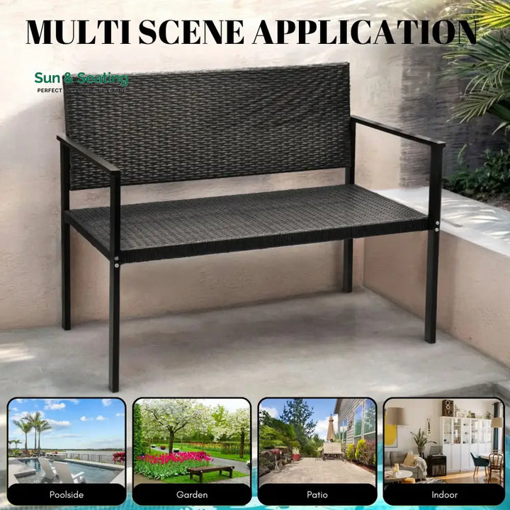 Yasmin 2-Seater Outdoor Garden Rattan Bench With Metal Frames Garden Bench