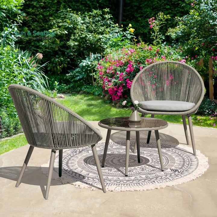 Yawl Outdoor Patio Seating Set 2 Chairs and 1 Table Set (Grey) Braided &amp; Rope Coffee Table Sets