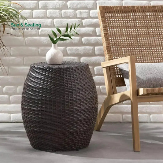 Yui Dark Brown Rattan Damru Accent Table for Patio Table
