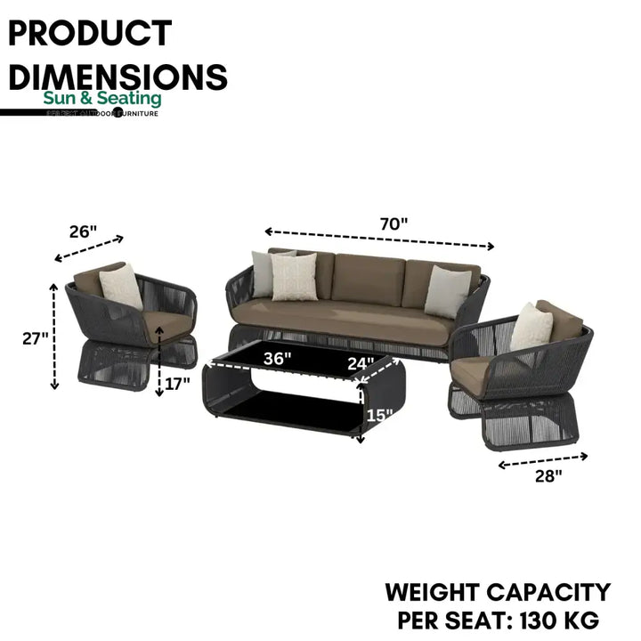 Yumna Outdoor Braided Rope Sofa Set With 2-Tier Glass Top Table Sofa Set