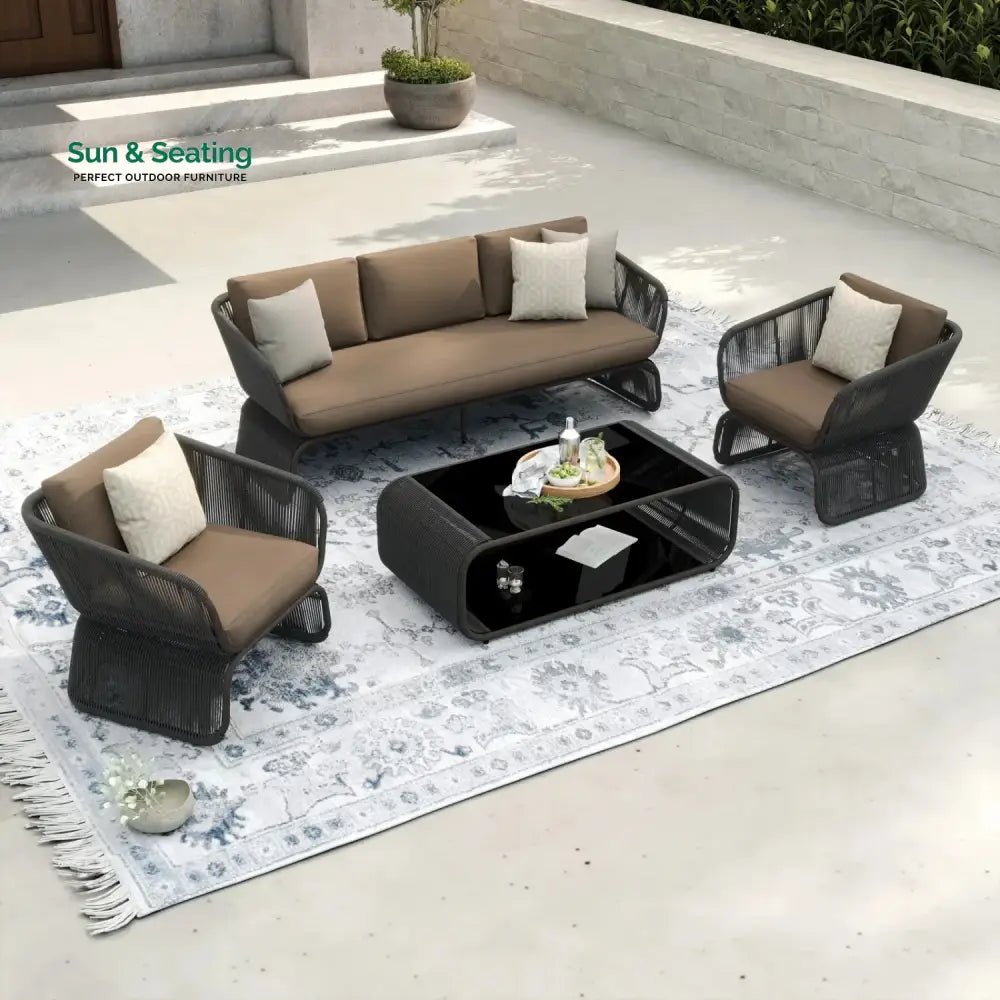 Yumna Outdoor Braided Rope Sofa Set With 2-Tier Glass Top Table Sofa Set