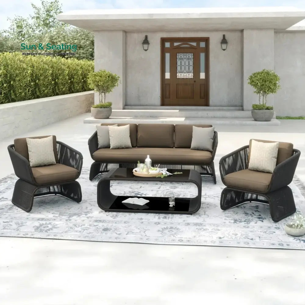 Yumna Outdoor Braided Rope Sofa Set With 2-Tier Glass Top Table Sofa Set