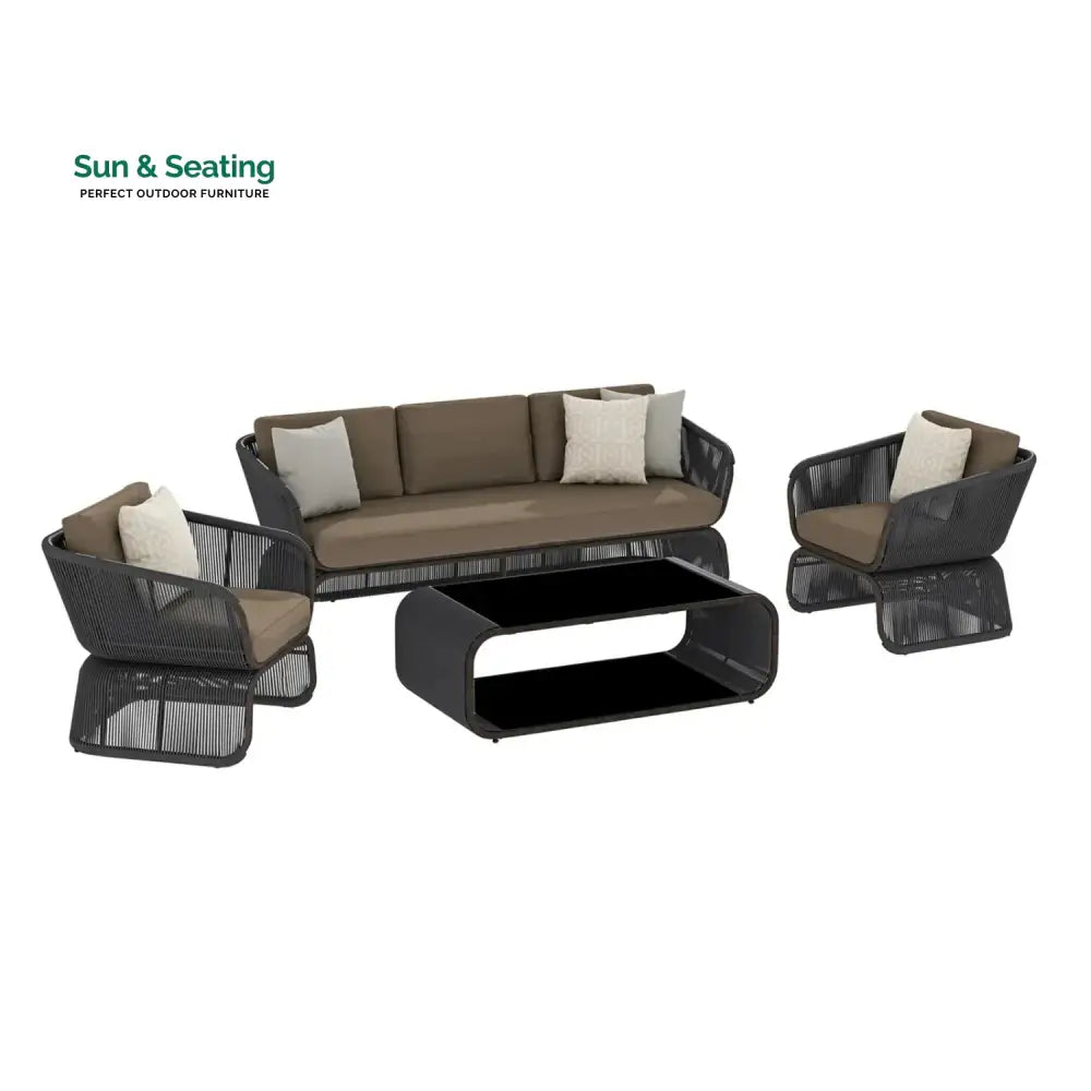 Yumna Outdoor Braided Rope Sofa Set With 2-Tier Glass Top Table Sofa Set