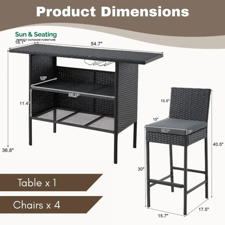 Yvette 5-Piece Outdoor Rattan Wicker Bar Set with Wicker Top Table Bar Set