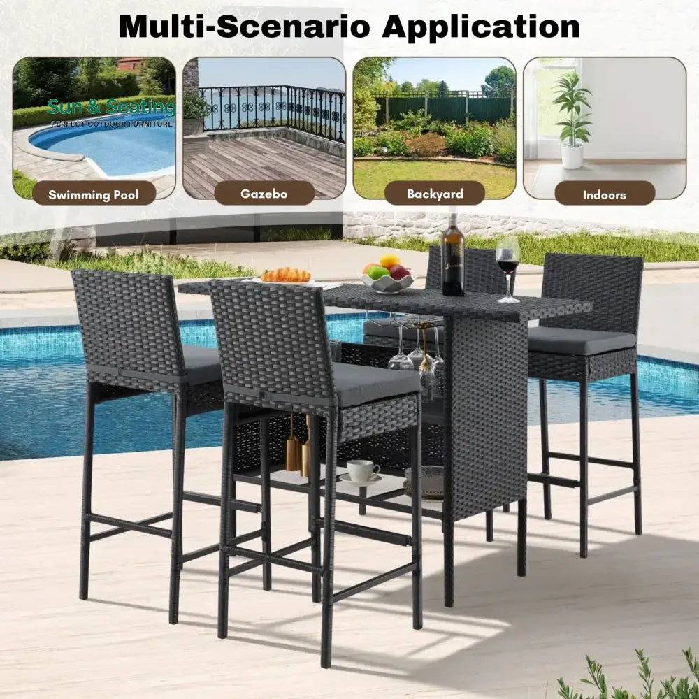 Yvette 5-Piece Outdoor Rattan Wicker Bar Set with Wicker Top Table Bar Set