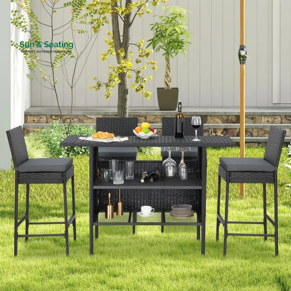 Yvette 5-Piece Outdoor Rattan Wicker Bar Set with Wicker Top Table Bar Set