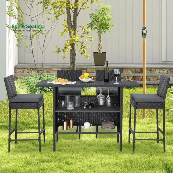 Yvette 5-Piece Outdoor Rattan Wicker Bar Set with Wicker Top Table Bar Set