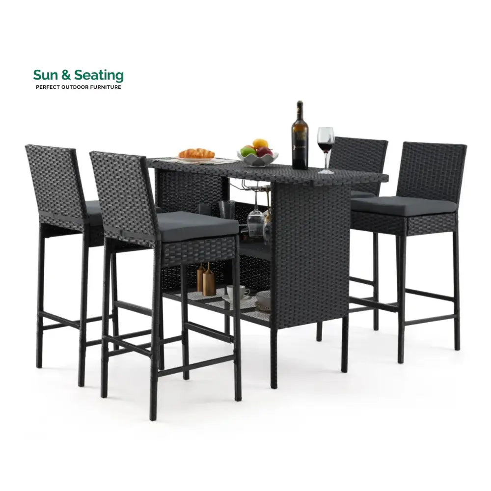 Yvette 5-Piece Outdoor Rattan Wicker Bar Set with Wicker Top Table Bar Set