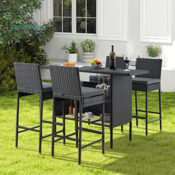 Yvette 5-Piece Outdoor Rattan Wicker Bar Set with Wicker Top Table Bar Set