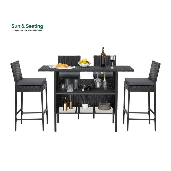 Yvette 5-Piece Outdoor Rattan Wicker Bar Set with Wicker Top Table Bar Set