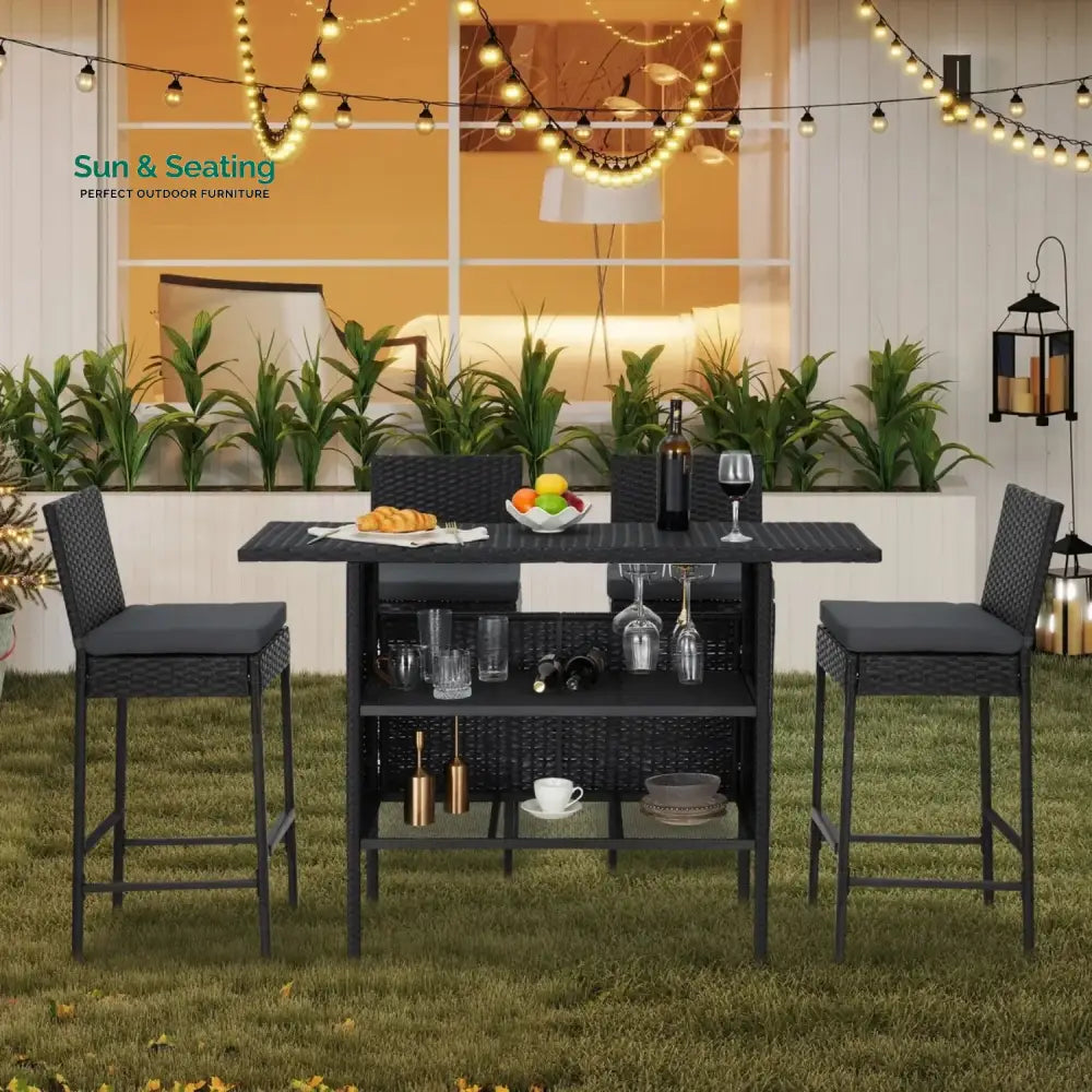 Yvette 5-Piece Outdoor Rattan Wicker Bar Set with Wicker Top Table Bar Set